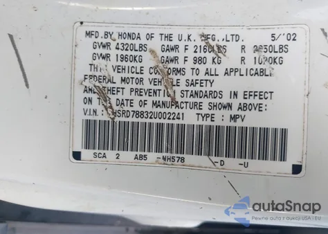 2002 Honda Cr-V Ex z USA, uszkodzony, nr VIN SHSRD78832U002241